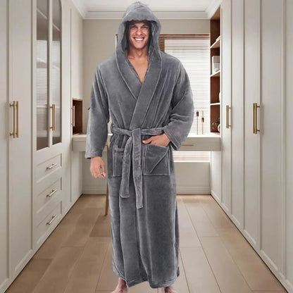 Cozy Bathrobe Luxurious Men's Hooded Bathrobe with Adjustable Belt Ultra Soft Absorbent Male Robe with Pockets Plush Solid Color