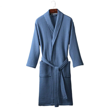 Long Waffle Bathrobe Unisex Men's V Neck Lace-up Nightgown with Pockets Loose Long Sleeve Sleepwear Towel Bathrobe for Hotel