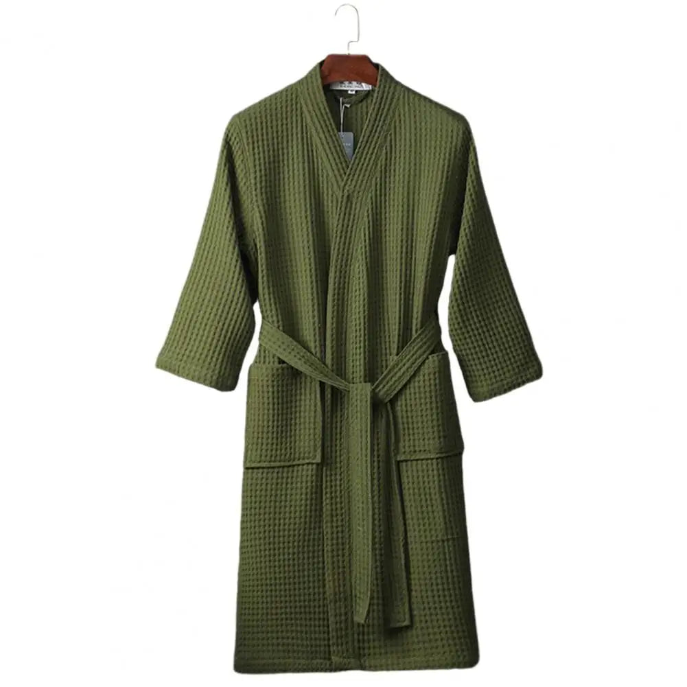 Long Waffle Bathrobe Unisex Men's V Neck Lace-up Nightgown with Pockets Loose Long Sleeve Sleepwear Towel Bathrobe for Hotel