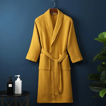 Long Waffle Bathrobe Unisex Men's V Neck Lace-up Nightgown with Pockets Loose Long Sleeve Sleepwear Towel Bathrobe for Hotel