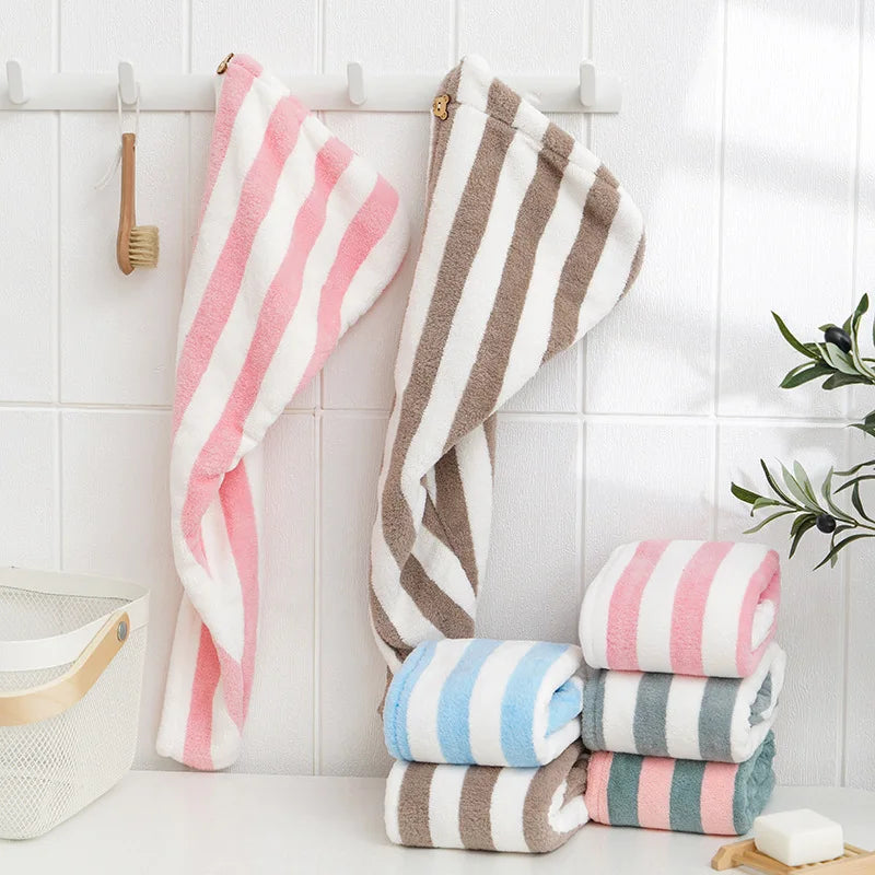 Microfiber Hair Towel Wrap Thickened Coral Velvet Cationic Dry Hair Cap Water Absorption and Quick Drying Striped Bath Cap