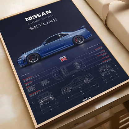 1pc Luxury Super Sport Car R34 GTR 240sx Poster Self-adhesive Art Waterproof Paper Sticker Coffee House Bar Room Wall Decor