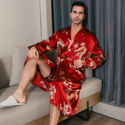 Pajama men's spring and autumn silk thin style oversized pajamas long sleeved bathrobes ice silk bathrobes home clothing summer