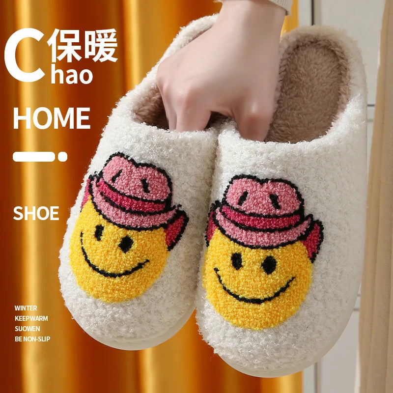 2024 Autumn Winter Family Fashion Slippers Women Home Warm Cartoon Flat Sandals Men Cute Non-slip Slides Smiling face Shoes