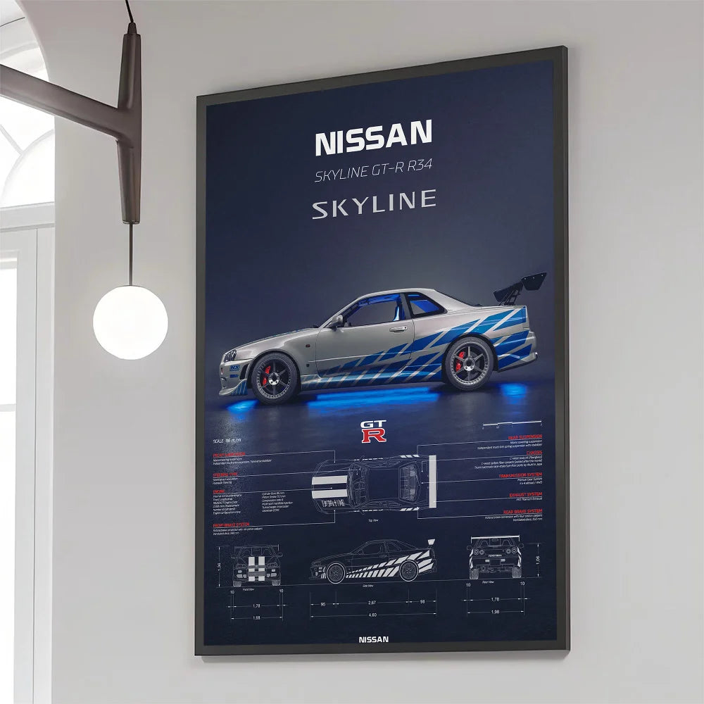 1pc Luxury Super Sport Car R34 GTR 240sx Poster Self-adhesive Art Waterproof Paper Sticker Coffee House Bar Room Wall Decor