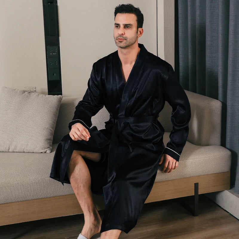 Pajama men's spring and autumn silk thin style oversized pajamas long sleeved bathrobes ice silk bathrobes home clothing summer