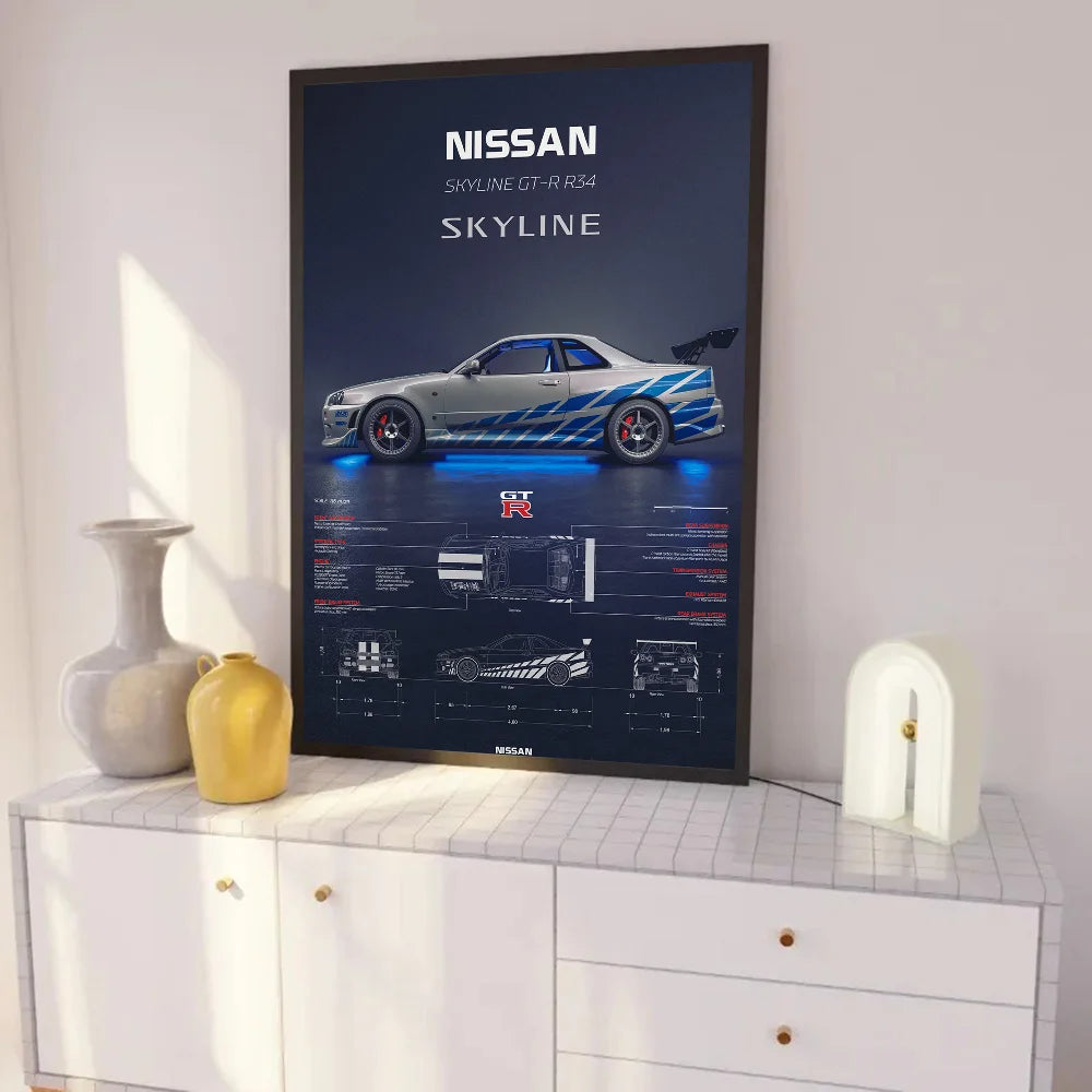 1pc Luxury Super Sport Car R34 GTR 240sx Poster Self-adhesive Art Waterproof Paper Sticker Coffee House Bar Room Wall Decor