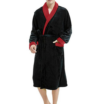 2024 Winter Men's Bathrobe Solid Color Belt Flannel Hooded Bath Robe Pockets Warm Men Nightgown Home Gown Sleepwear Men Clothing