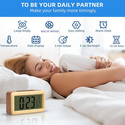 Wooden Alarm Clock with Calendar and Temperature displayed. Solid Wood Digital Clock for Desktop Decoration. Gift Idea