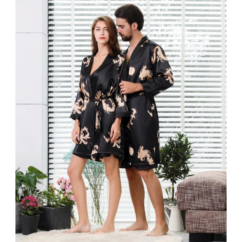 Bathrobe Men Shower Imitation Silk Black Dragon Robe Cardigan Long Nightgown Men Kimono Yukata Sleeping Gown Sexy Bed Room