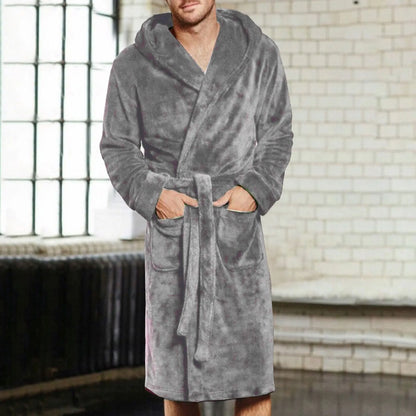 2024 New Mens Grey Thicken Warm Bathrobe Autumn Winter Lace Up Flannel Pajamas Loose Zippered Thick Nightgown Lounging Suit