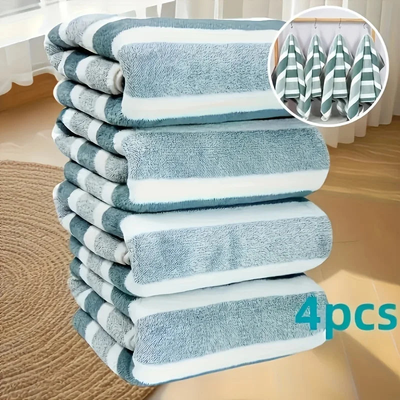 4pcs Coral Fleece Towel Set, Contemporary Striped, Super Soft, Quick-Dry, 13.7 x 29.5 Inches - Perfect for Bathroom