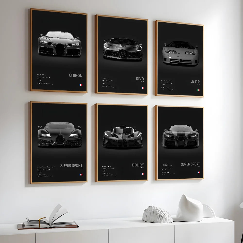 Black Supercar Cool B-BugattiS V-Veyron CHIRON DIVO BOLIDE Poster Home Living Room Wall Art Garage Room Decor