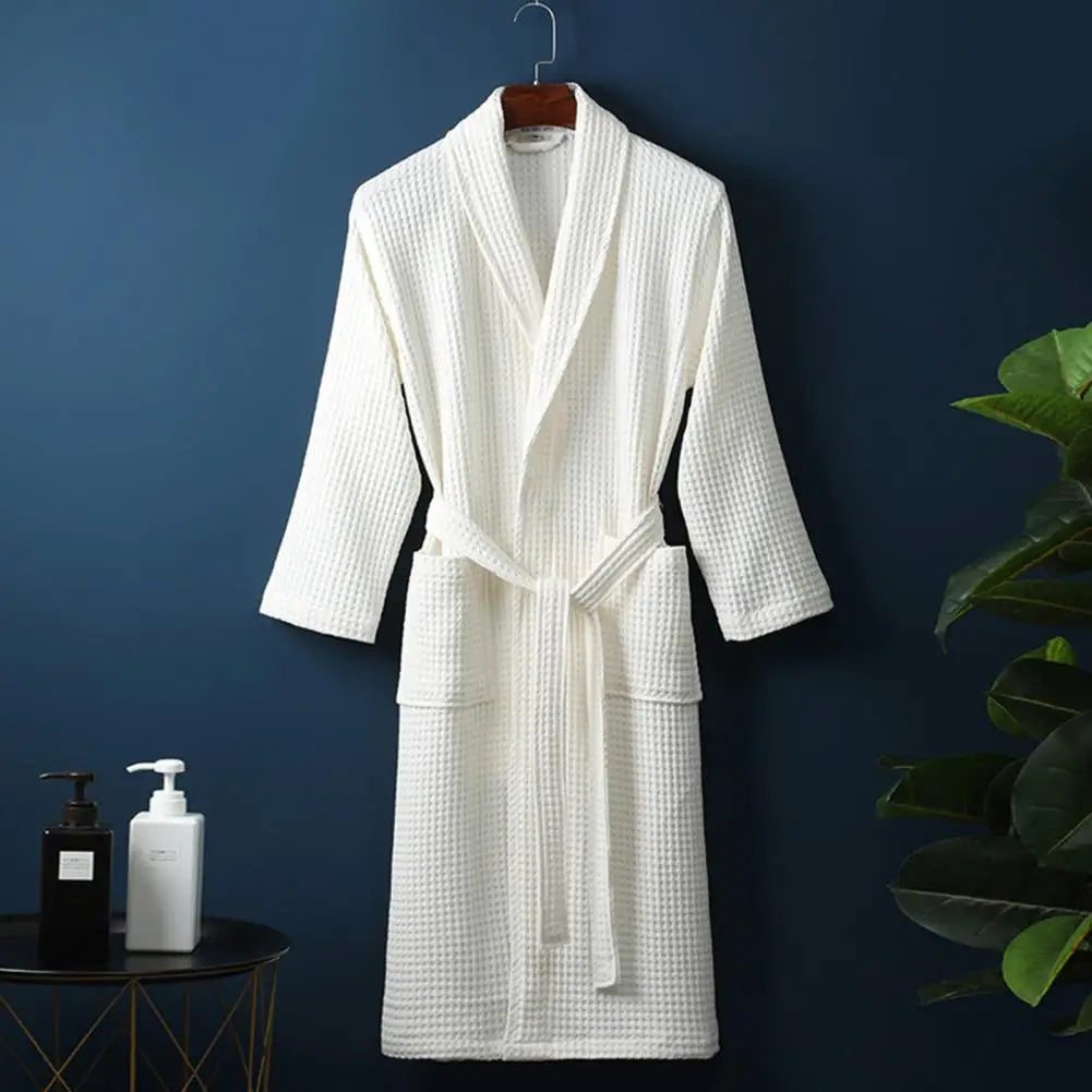 Long Waffle Bathrobe Unisex Men's V Neck Lace-up Nightgown with Pockets Loose Long Sleeve Sleepwear Towel Bathrobe for Hotel