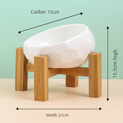 Cat Bowl Ceramic Oblique High Leg Wooden Frame Cat Food Holder Protection Cervical Spine Cat and Dog Water Bowl Food Bowl Dog Bowl Pet Bowl