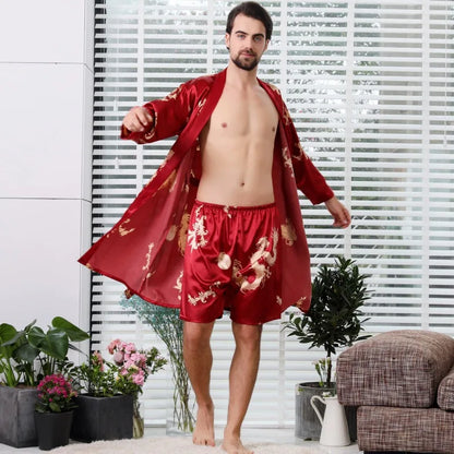 Bathrobe Men Shower Imitation Silk Black Dragon Robe Cardigan Long Nightgown Men Kimono Yukata Sleeping Gown Sexy Bed Room