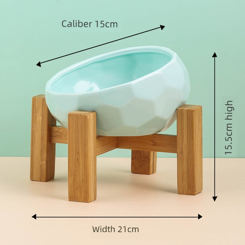 Cat Bowl Ceramic Oblique High Leg Wooden Frame Cat Food Holder Protection Cervical Spine Cat and Dog Water Bowl Food Bowl Dog Bowl Pet Bowl