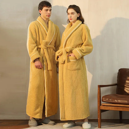 Men's Winter Bathrobe Long Sleeve Warm Turn Down Collar Man Fluffy Bath Robe With Sashes Solid Fleece Dressing Gown For Male