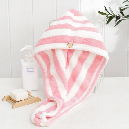 Microfiber Hair Towel Wrap Thickened Coral Velvet Cationic Dry Hair Cap Water Absorption and Quick Drying Striped Bath Cap