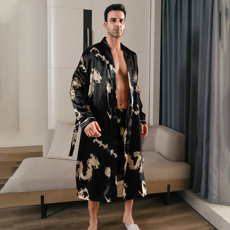 Pajama men's spring and autumn silk thin style oversized pajamas long sleeved bathrobes ice silk bathrobes home clothing summer