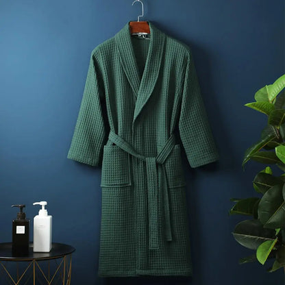 Long Waffle Bathrobe Unisex Men's V Neck Lace-up Nightgown with Pockets Loose Long Sleeve Sleepwear Towel Bathrobe for Hotel