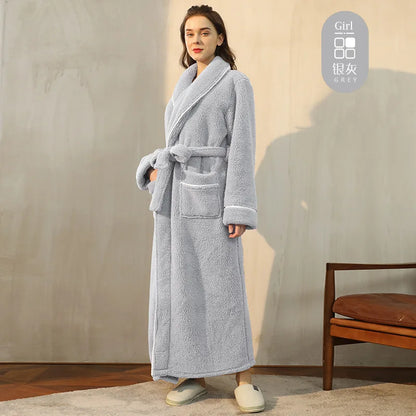 Men's Winter Bathrobe Long Sleeve Warm Turn Down Collar Man Fluffy Bath Robe With Sashes Solid Fleece Dressing Gown For Male