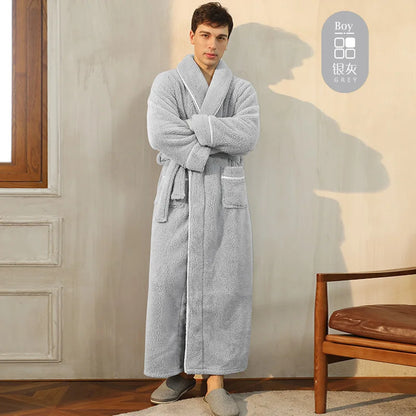 Men's Winter Bathrobe Long Sleeve Warm Turn Down Collar Man Fluffy Bath Robe With Sashes Solid Fleece Dressing Gown For Male