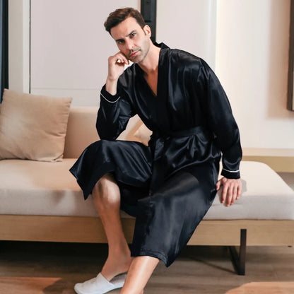 Pajama men's spring and autumn silk thin style oversized pajamas long sleeved bathrobes ice silk bathrobes home clothing summer