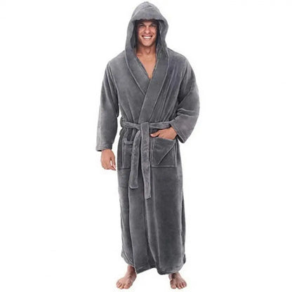 Cozy Bathrobe Luxurious Men's Hooded Bathrobe with Adjustable Belt Ultra Soft Absorbent Male Robe with Pockets Plush Solid Color