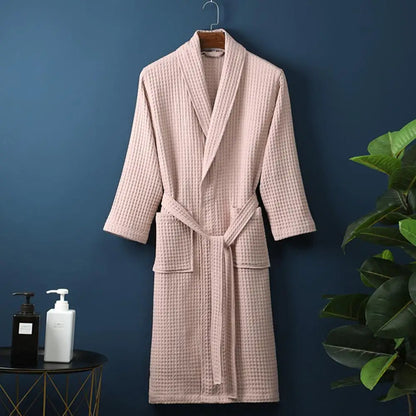 Long Waffle Bathrobe Unisex Men's V Neck Lace-up Nightgown with Pockets Loose Long Sleeve Sleepwear Towel Bathrobe for Hotel