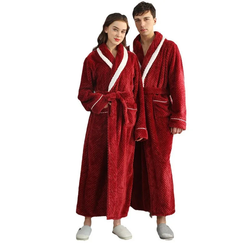 Winter Lovers Solid Flannel Thicken Robe Sets Couple Long Bathrobe Gown Nightwear With Pocket Intimate Lingerie Home Clothing