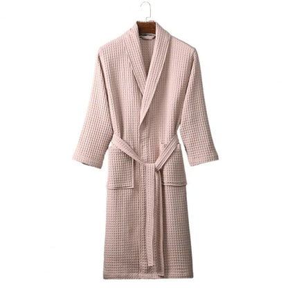 Long Waffle Bathrobe Unisex Men's V Neck Lace-up Nightgown with Pockets Loose Long Sleeve Sleepwear Towel Bathrobe for Hotel