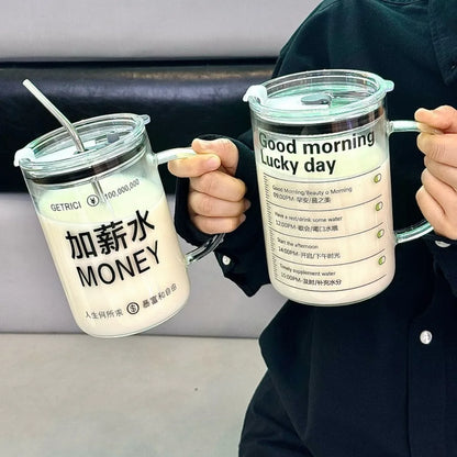 INS Style Straw Glass Cup with Handle with Lid Scale Water Cup Glass 1000ml Large Capacity Juice Milk Bottle Home Office