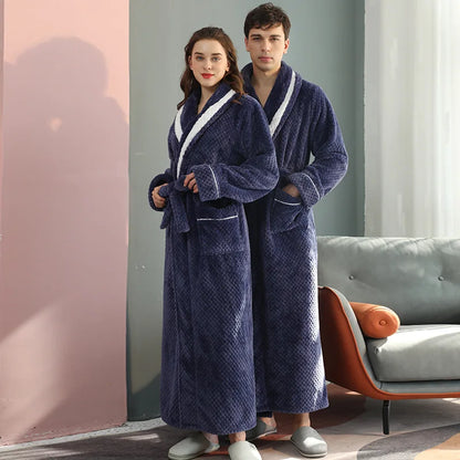 Winter Lovers Solid Flannel Thicken Robe Sets Couple Long Bathrobe Gown Nightwear With Pocket Intimate Lingerie Home Clothing