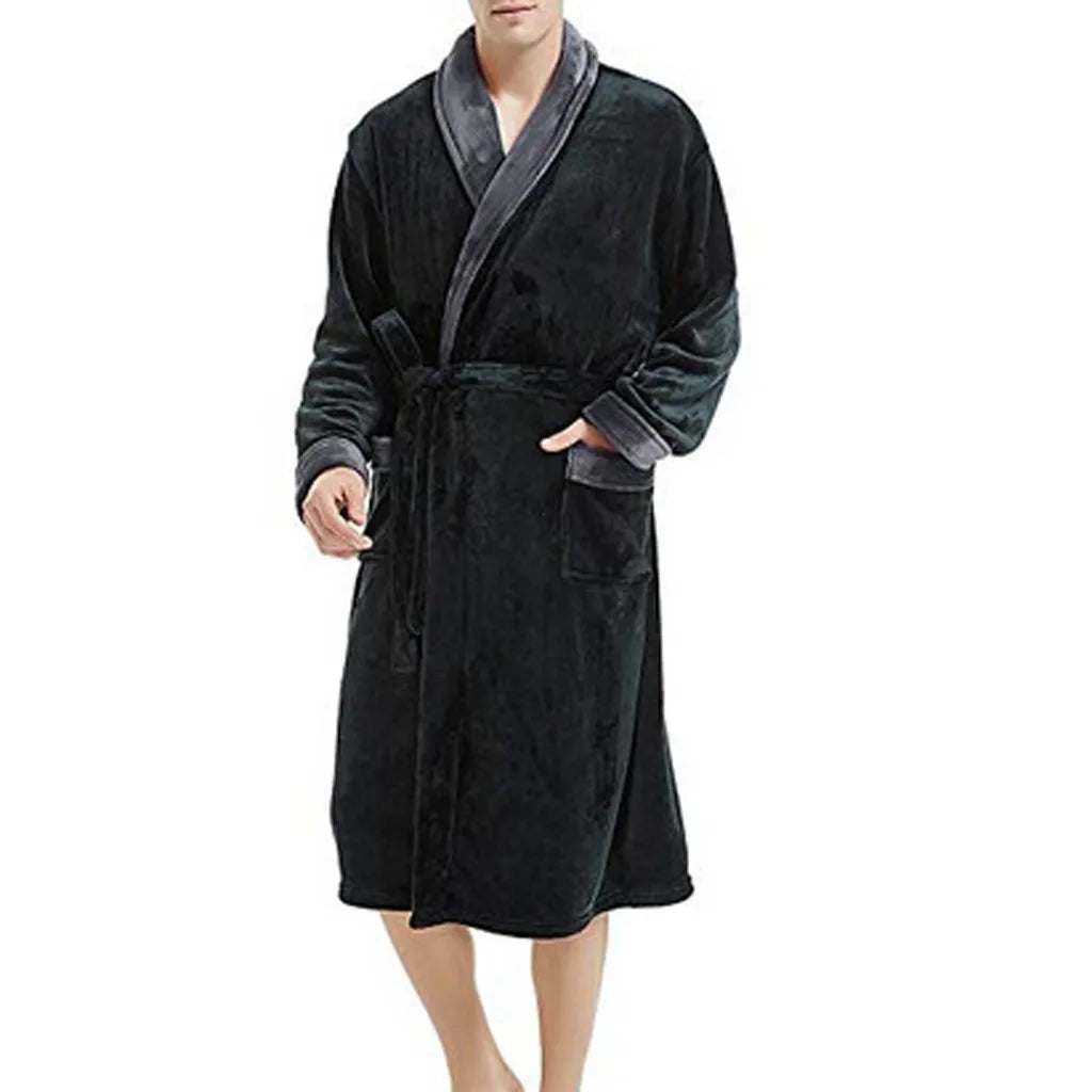 2024 Winter Men's Bathrobe Solid Color Belt Flannel Hooded Bath Robe Pockets Warm Men Nightgown Home Gown Sleepwear Men Clothing