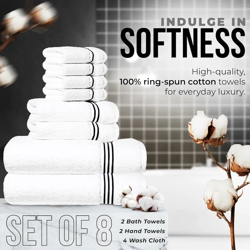 8-Piece Premium Towel Set, 2 Bath Towels, 2 Hand Towels, and 4 Wash Cloths, 100% Ring Spun Cotton Highly Absorbent Towels