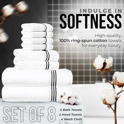 8-Piece Premium Towel Set, 2 Bath Towels, 2 Hand Towels, and 4 Wash Cloths, 100% Ring Spun Cotton Highly Absorbent Towels