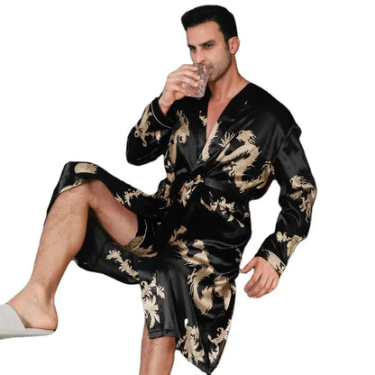 Pajama men's spring and autumn silk thin style oversized pajamas long sleeved bathrobes ice silk bathrobes home clothing summer