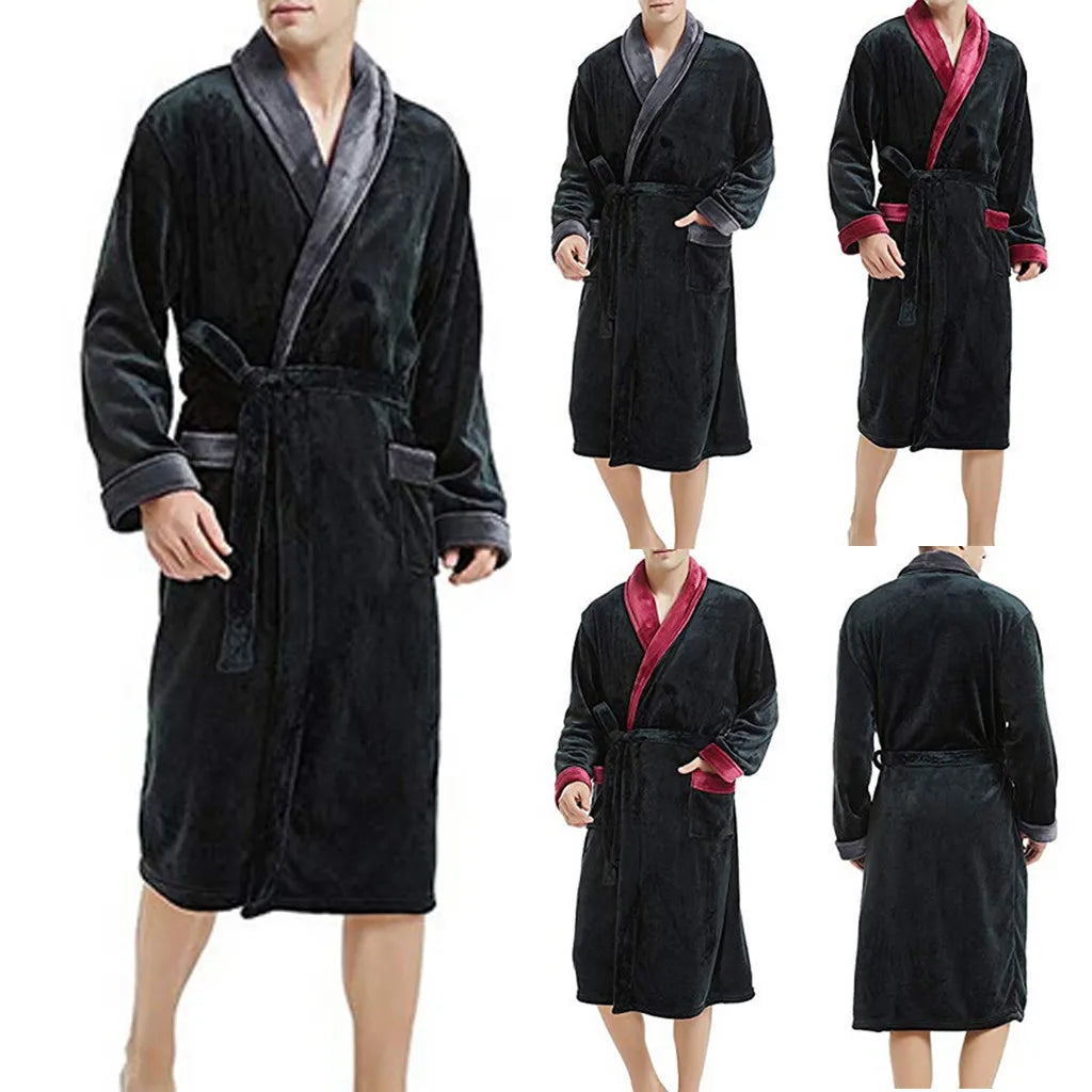 2024 Winter Men's Bathrobe Solid Color Belt Flannel Hooded Bath Robe Pockets Warm Men Nightgown Home Gown Sleepwear Men Clothing