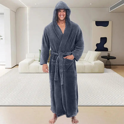 Cozy Bathrobe Luxurious Men's Hooded Bathrobe with Adjustable Belt Ultra Soft Absorbent Male Robe with Pockets Plush Solid Color