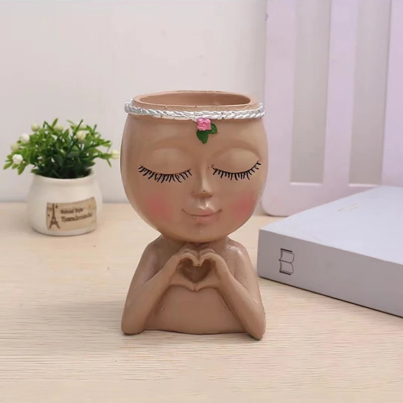 Face Shape Flower Pot Resin Figure Planter, Flower Pot For Succulent Plant, Resin Ornament For Desktop, Home & Office Decor