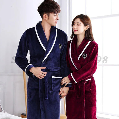 Winter New Coral Fleece Sleepwear Couple's Sleeping Robe Women's Home Clothes Bathrobe Men's Oversize Flannel Thickened Yukata