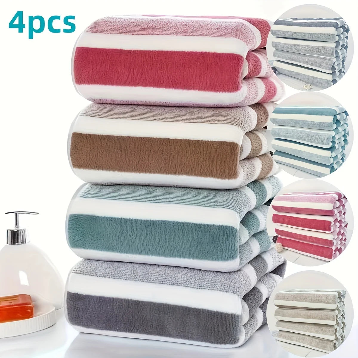 4pcs Coral Fleece Towel Set, Contemporary Striped, Super Soft, Quick-Dry, 13.7 x 29.5 Inches - Perfect for Bathroom