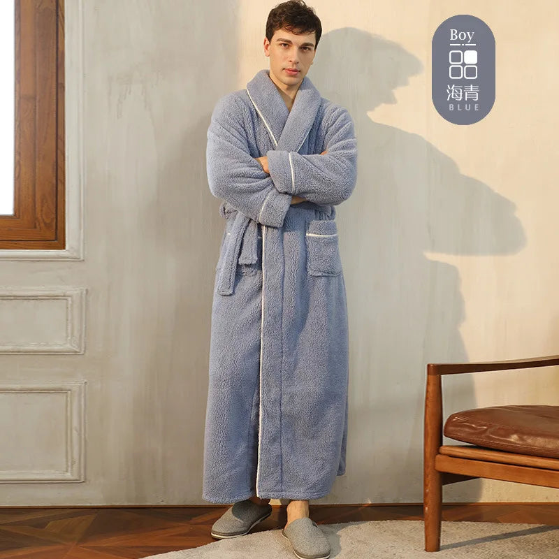 Men's Winter Bathrobe Long Sleeve Warm Turn Down Collar Man Fluffy Bath Robe With Sashes Solid Fleece Dressing Gown For Male