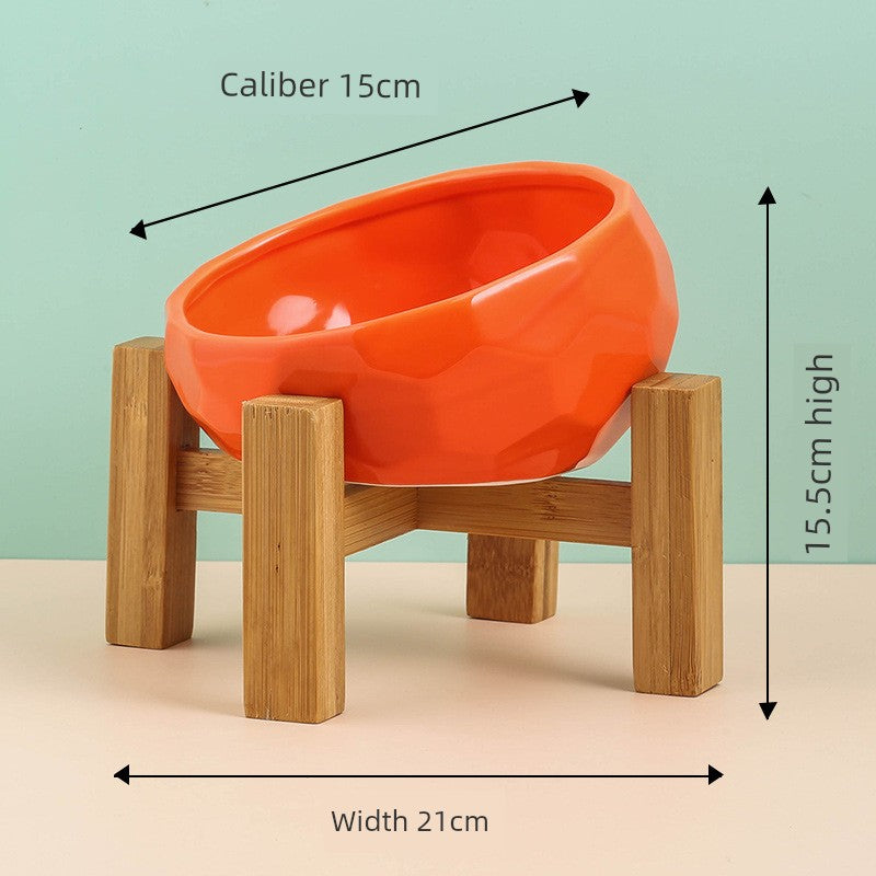 Cat Bowl Ceramic Oblique High Leg Wooden Frame Cat Food Holder Protection Cervical Spine Cat and Dog Water Bowl Food Bowl Dog Bowl Pet Bowl