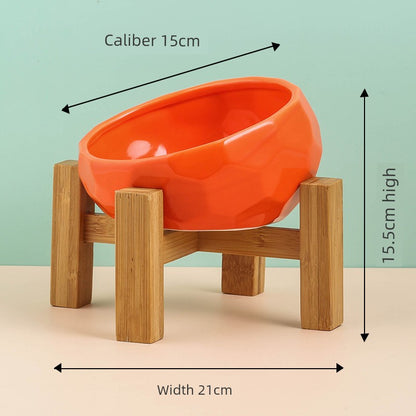 Cat Bowl Ceramic Oblique High Leg Wooden Frame Cat Food Holder Protection Cervical Spine Cat and Dog Water Bowl Food Bowl Dog Bowl Pet Bowl