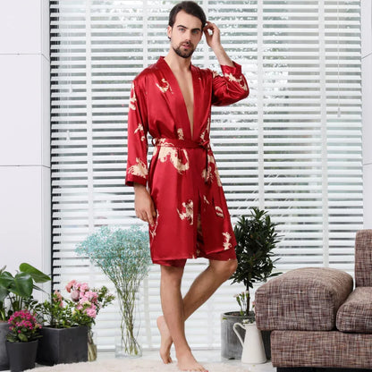 Bathrobe Men Shower Imitation Silk Black Dragon Robe Cardigan Long Nightgown Men Kimono Yukata Sleeping Gown Sexy Bed Room