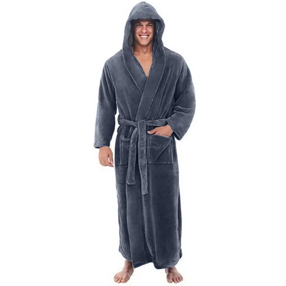 Cozy Bathrobe Luxurious Men's Hooded Bathrobe with Adjustable Belt Ultra Soft Absorbent Male Robe with Pockets Plush Solid Color