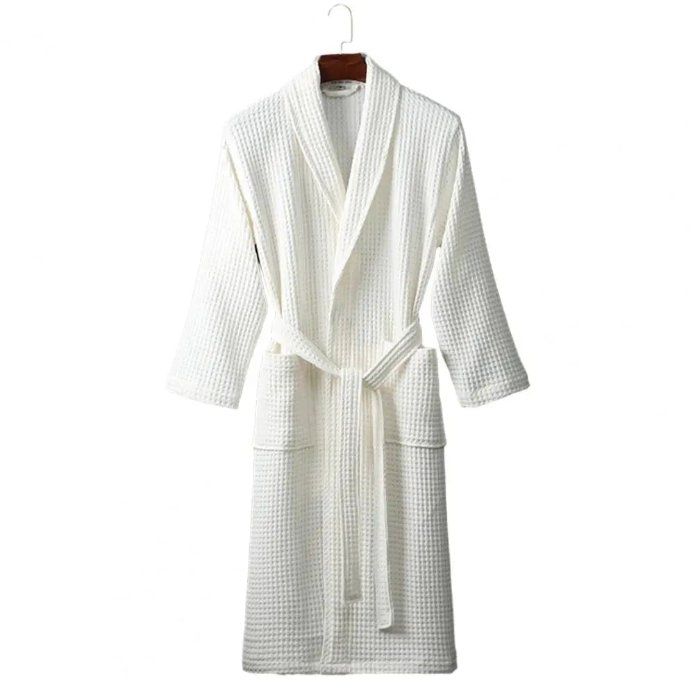 Long Waffle Bathrobe Unisex Men's V Neck Lace-up Nightgown with Pockets Loose Long Sleeve Sleepwear Towel Bathrobe for Hotel