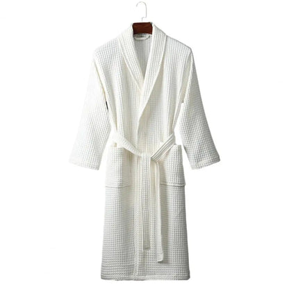 Long Waffle Bathrobe Unisex Men's V Neck Lace-up Nightgown with Pockets Loose Long Sleeve Sleepwear Towel Bathrobe for Hotel